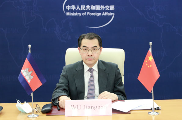 外交部部長助理吳江浩同柬埔寨財經部國務秘書翁賽維索舉行中柬政府間協調委員會秘書長視頻會晤