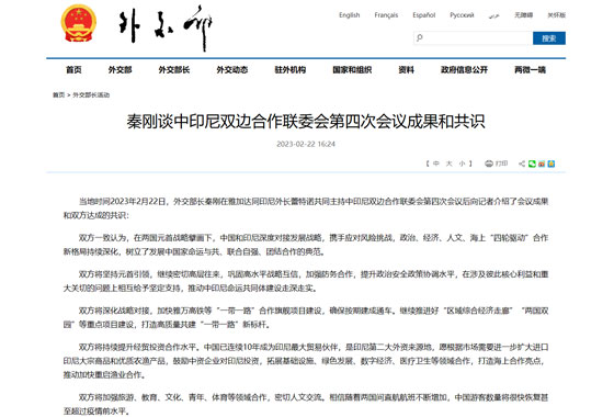 秦剛談中印尼雙邊合作聯委會第四次會議成果和共識