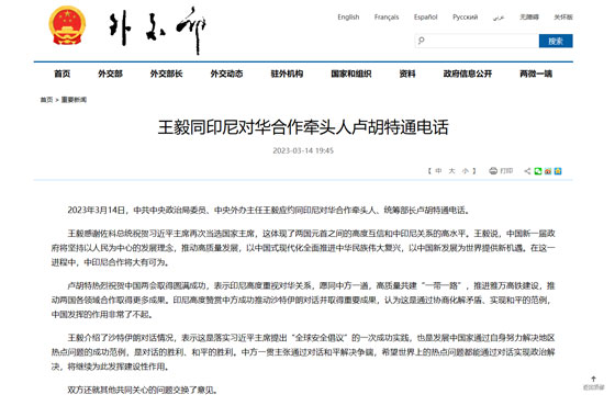 王毅同印尼對華合作牽頭人盧胡特通電話